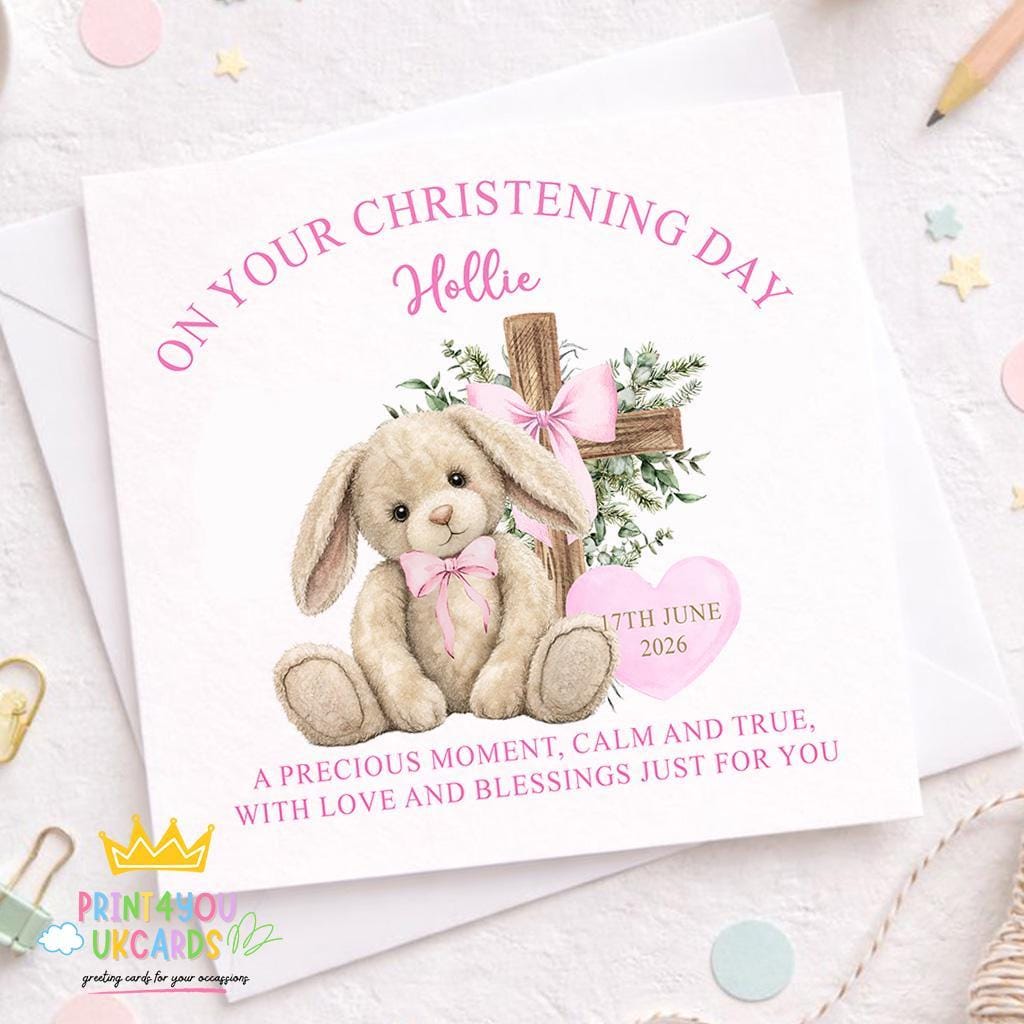 Personalised square christening card featuring a pink bunny design for a baby girl
