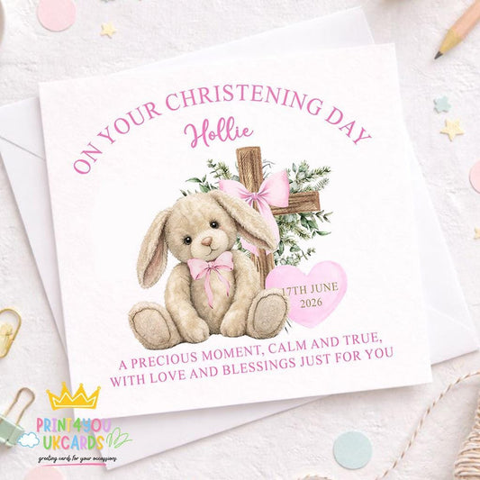 Personalised square christening card featuring a pink bunny design for a baby girl