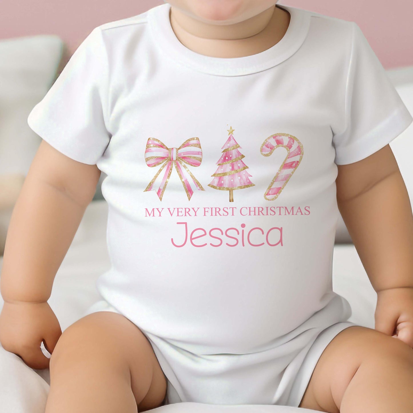 Personalised My First Christmas Baby Vest – Pink &amp; Gold Bow &amp; Candy Cane Design, Custom Name