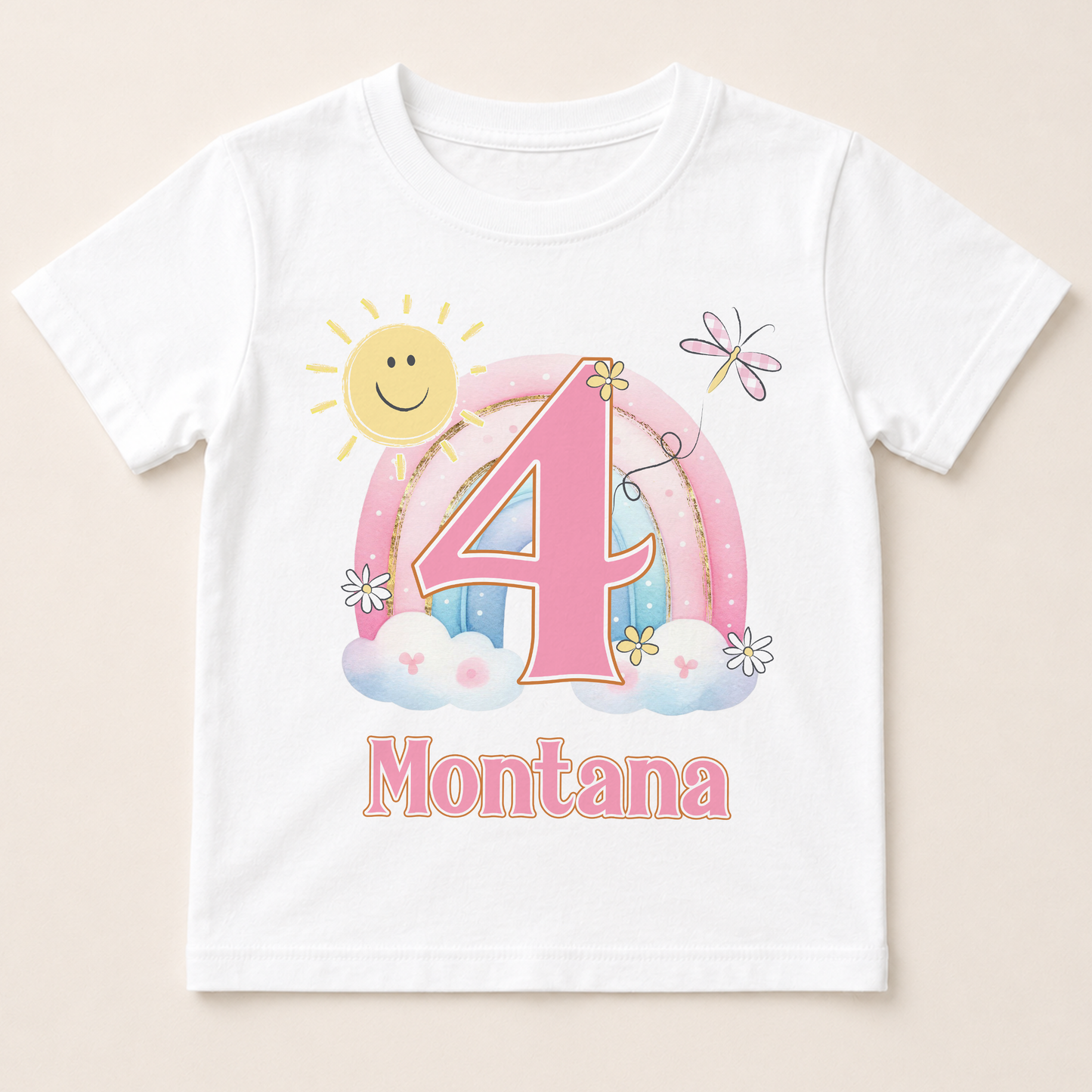 Personalised rainbow birthday t-shirt with sun, clouds and rainbow design, printed with child's name and age
