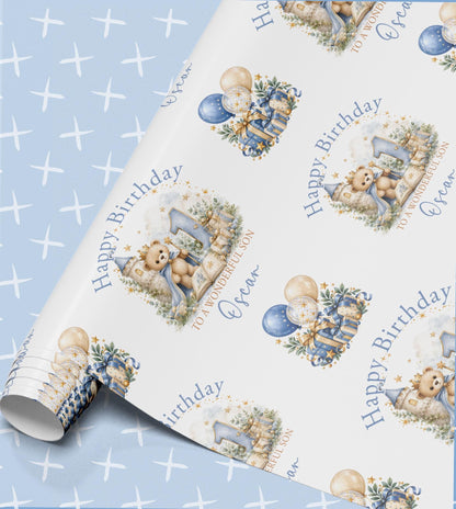 Personalised Birthday Wrapping Paper, Prince Teddy Bear Wrap UK