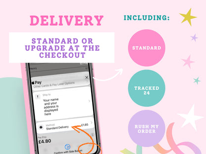 a picture of a cell phone with the text delivery standard or upgrade at the check