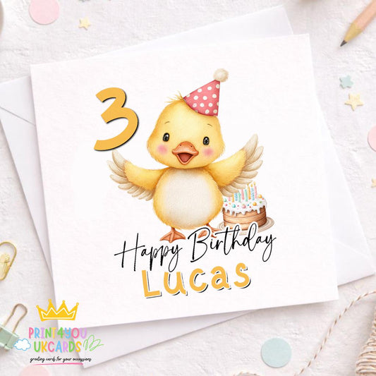 Square birthday card with a cheerful duck design, personalised with a child's name and age