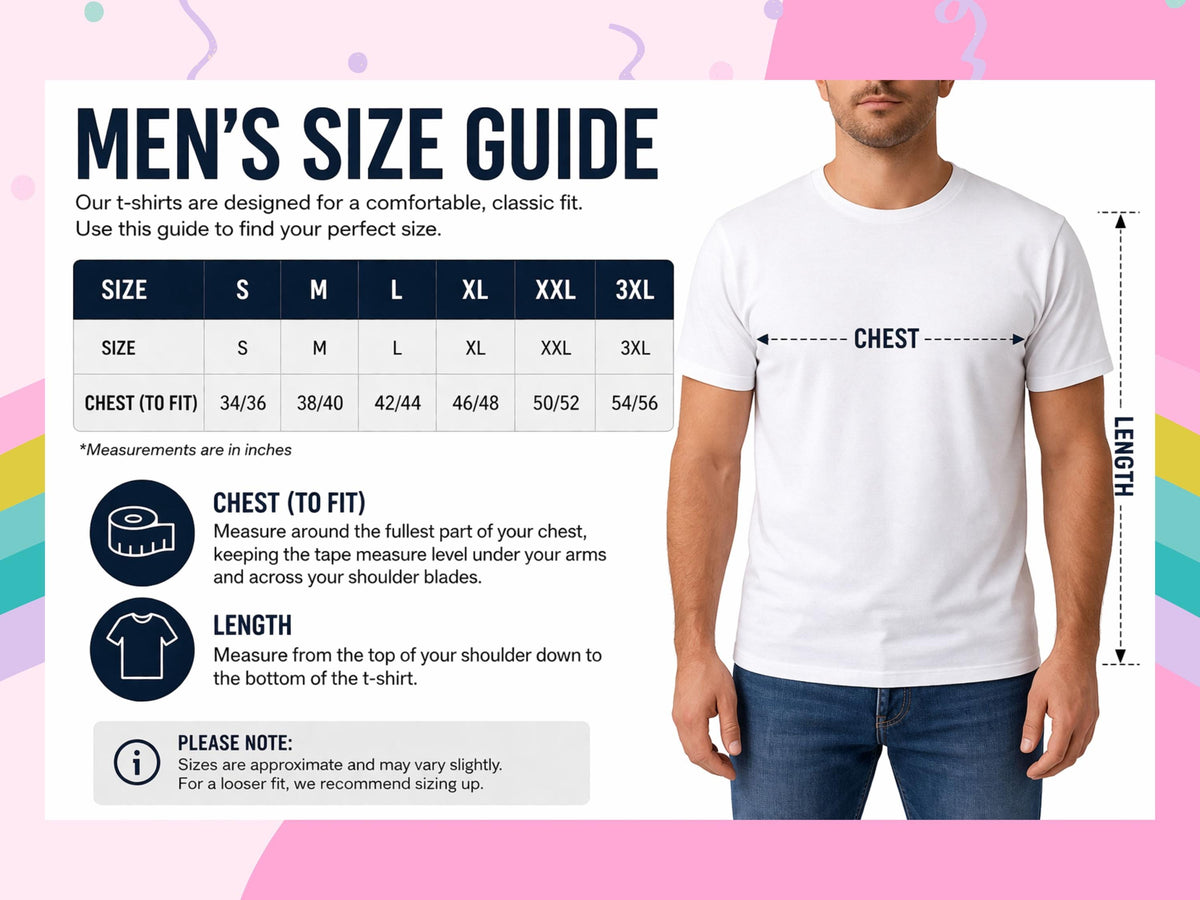 The image is a men's size guide, which provides measurements and guidelines for finding the perfect fit for a t-shirt.