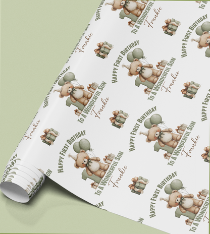 Full repeat pattern of the personalised teddy bear wrapping paper design