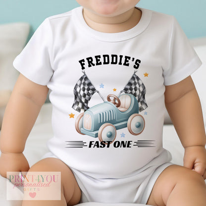 First Birthday Outfit – Personalised Baby Clothes | Racing Car Theme Vest & Bib