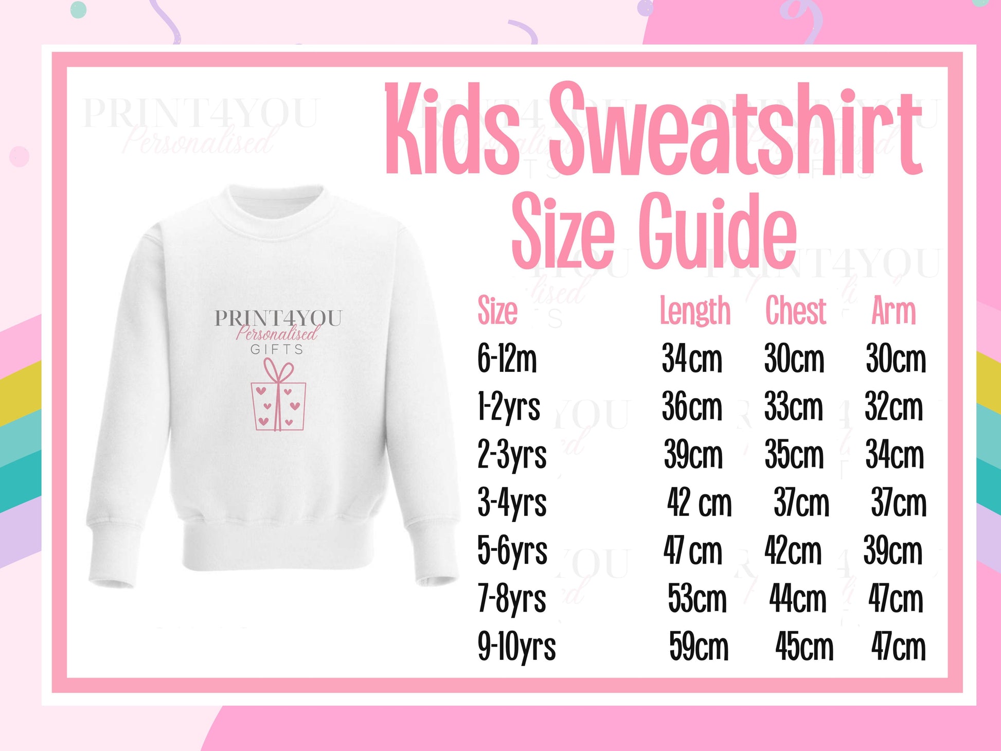 Kids sweatshirt size guide showing length, chest and arm measurements for sizes 6-12 months to 9-10 years