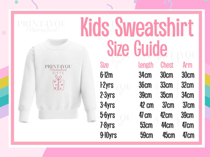 Kids sweatshirt size guide showing length, chest and arm measurements for sizes 6-12 months to 9-10 years