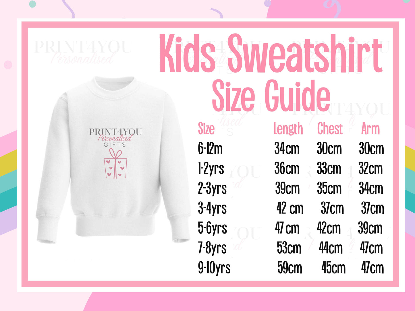 Kids sweatshirt size guide showing length, chest and arm measurements for sizes 6-12 months to 9-10 years