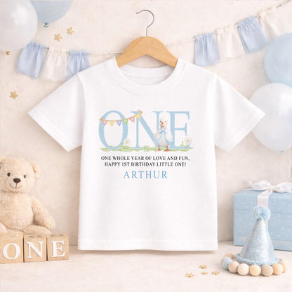 Personalised blue duck first birthday outfit with custom name printed on soft cotton.