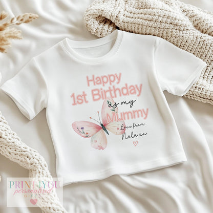 Close-up of the pink butterfly print and 'Happy 1st Birthday as my Mummy' lettering, personalised with baby's name.
