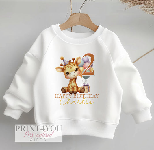 Personalised Birthday Age Sweatshirt Jumper For Children. Any Age, White Cotton Sweatshirt – Safari Giraffe, Number and name - 6-12 months