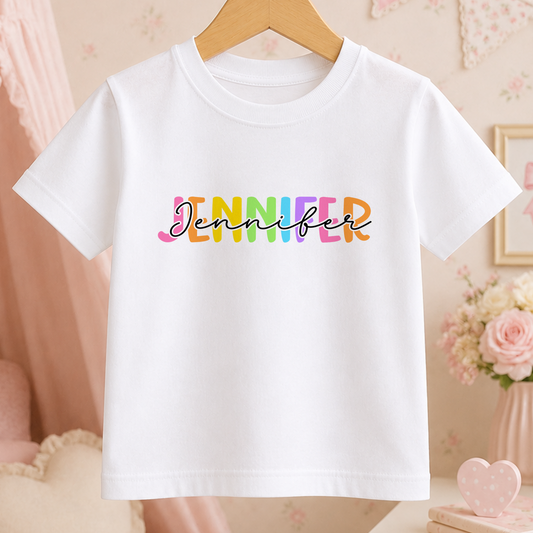 A white t-shirt with the name "JENNY" printed in colorful letters.