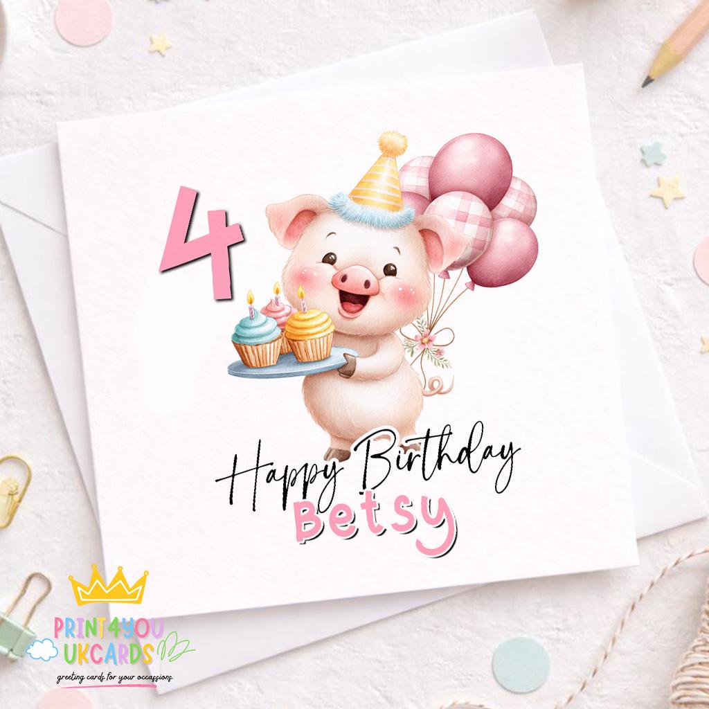 Square birthday card front featuring a cartoon pig design, personalised with a child's name and age