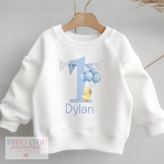 Personalised First Birthday Jumper – Blue Balloon Duck Cotton Polyester Fleece - 6-12m SWEATSHIRT