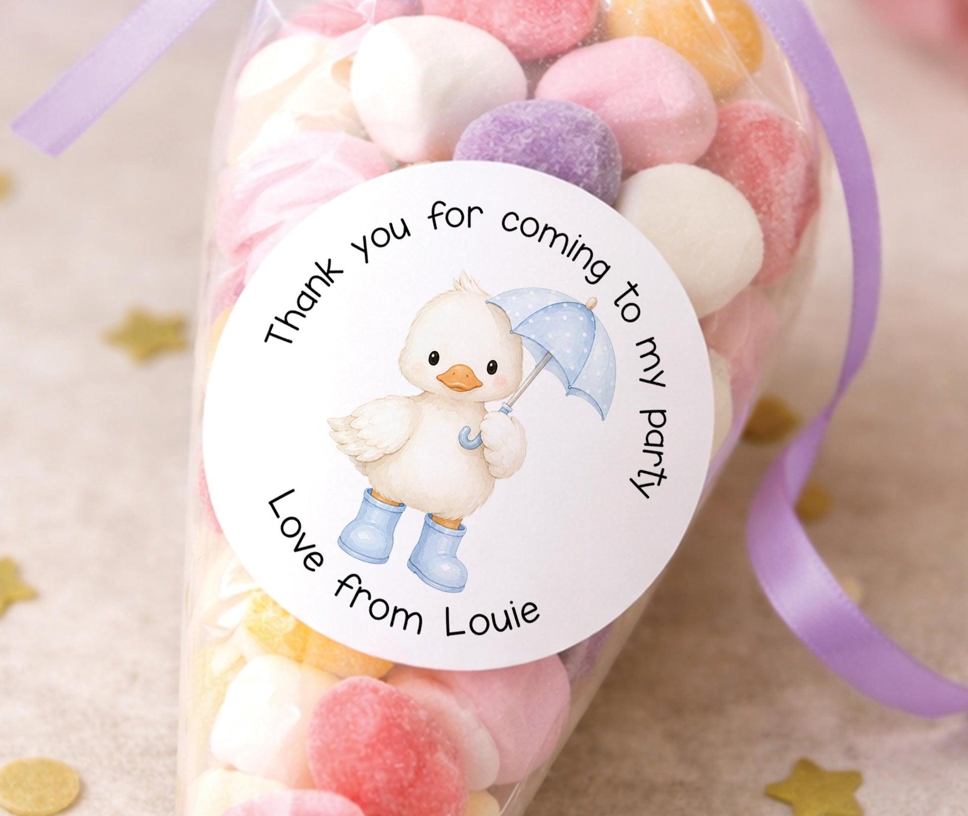 Round glossy stickers featuring a blue duck design, personalised with a child's name, for boys' birthday party bags
