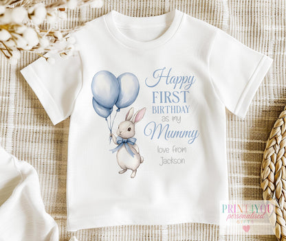 Personalised grey bunny 1st birthday bib, printed with a custom name and choice of family relation.