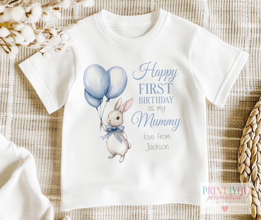 Personalised grey bunny 1st birthday bib, printed with a custom name and your choice of family relation.