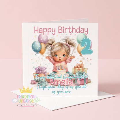 Square birthday card featuring a colourful balloon and cake design, personalised with name, age and relation