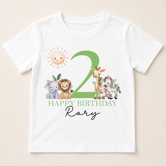 A white t-shirt with a graphic design featuring a green number 2, surrounded by various animal illustrations, and the text "Happy Birthday Rory".