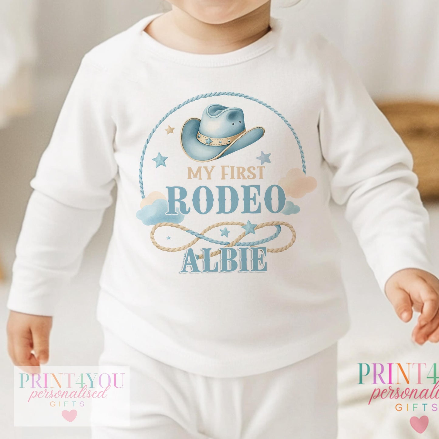 Personalised Baby Cowboy Outfit – Blue Cowboy Hat Vest & Sleepsuit Set | First Birthday Gift
