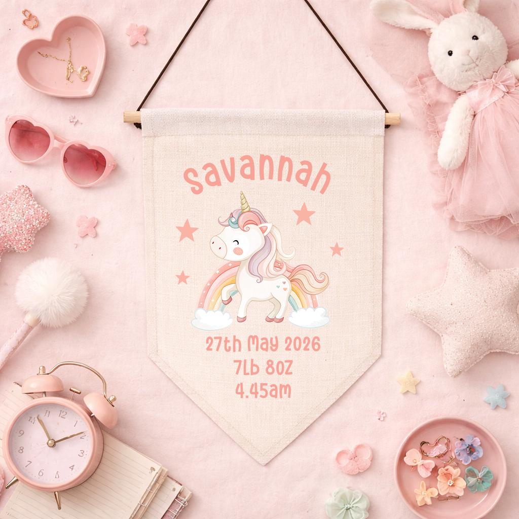 Pink personalised unicorn nursery pennant flag with baby name and birth stats