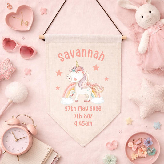 Pink personalised unicorn nursery pennant flag with baby name and birth stats
