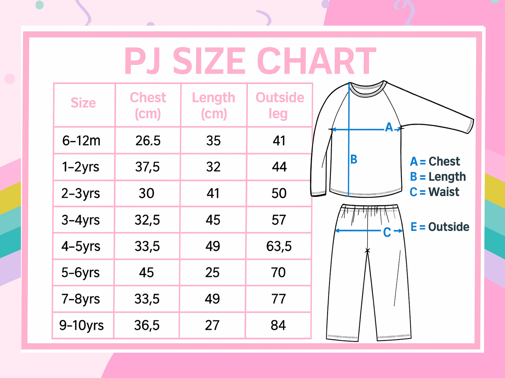Children's clothing size chart showing garment measurements against age ranges from newborn to 5–6 years.