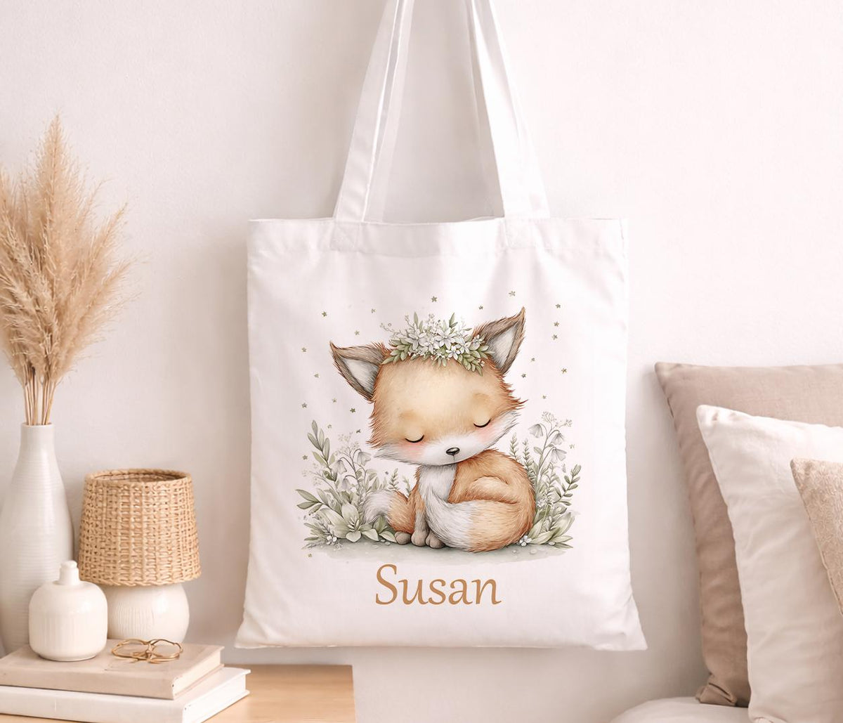 Large cotton tote bag printed with a detailed fox illustration in warm autumn tones, personalised with a custom name