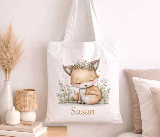 Large cotton tote bag printed with a detailed fox illustration in warm autumn tones, personalised with a custom name