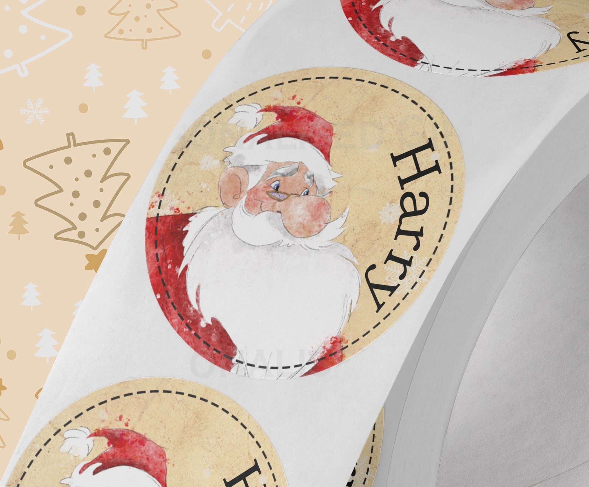 Personalised vintage Santa Christmas sticker with custom name, glossy white round gift label strip