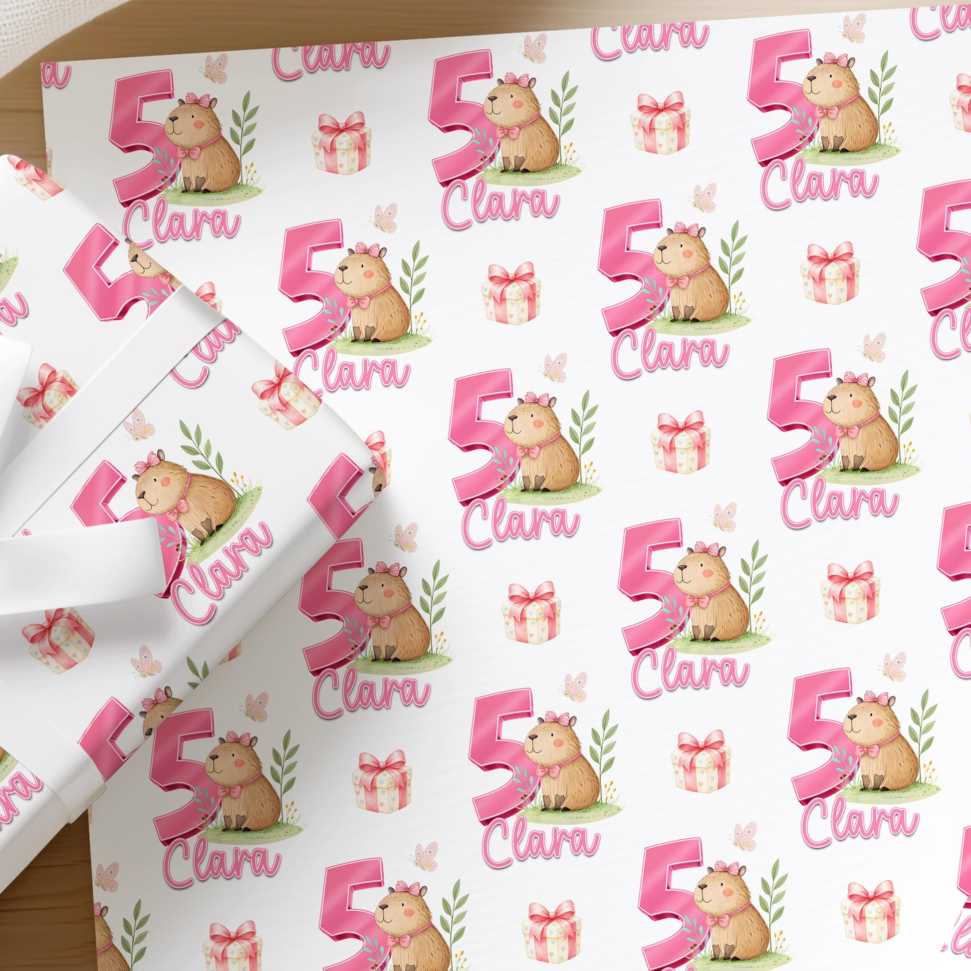 Repeating pattern of capybaras in pink tones on personalised birthday wrapping paper for girls