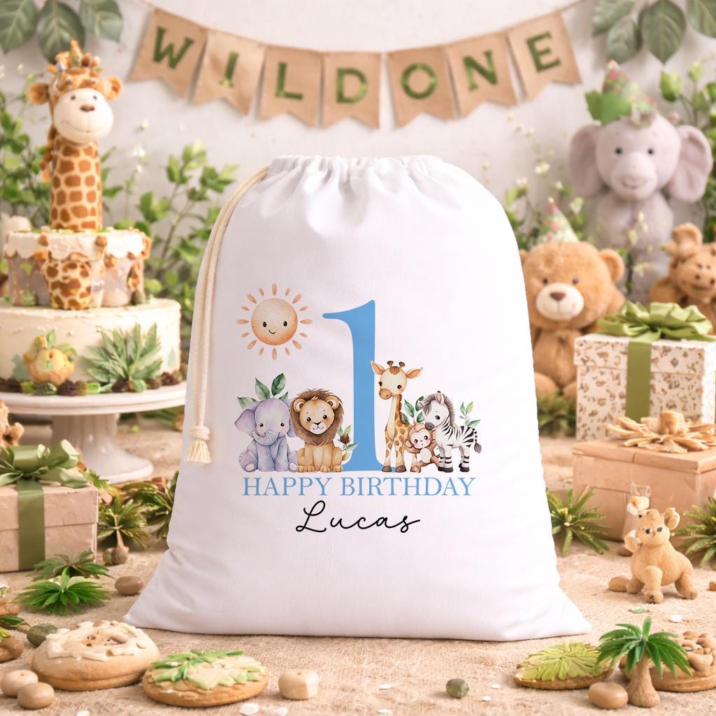 White A3 drawstring party bag printed with a safari jungle animal design and personalised child's name.