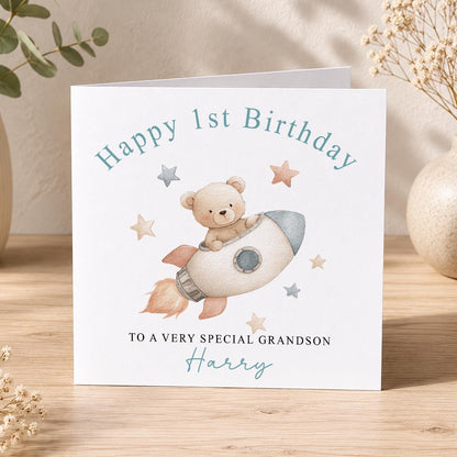 Square personalised teddy rocket birthday card featuring a teddy bear astronaut with stars and planets
