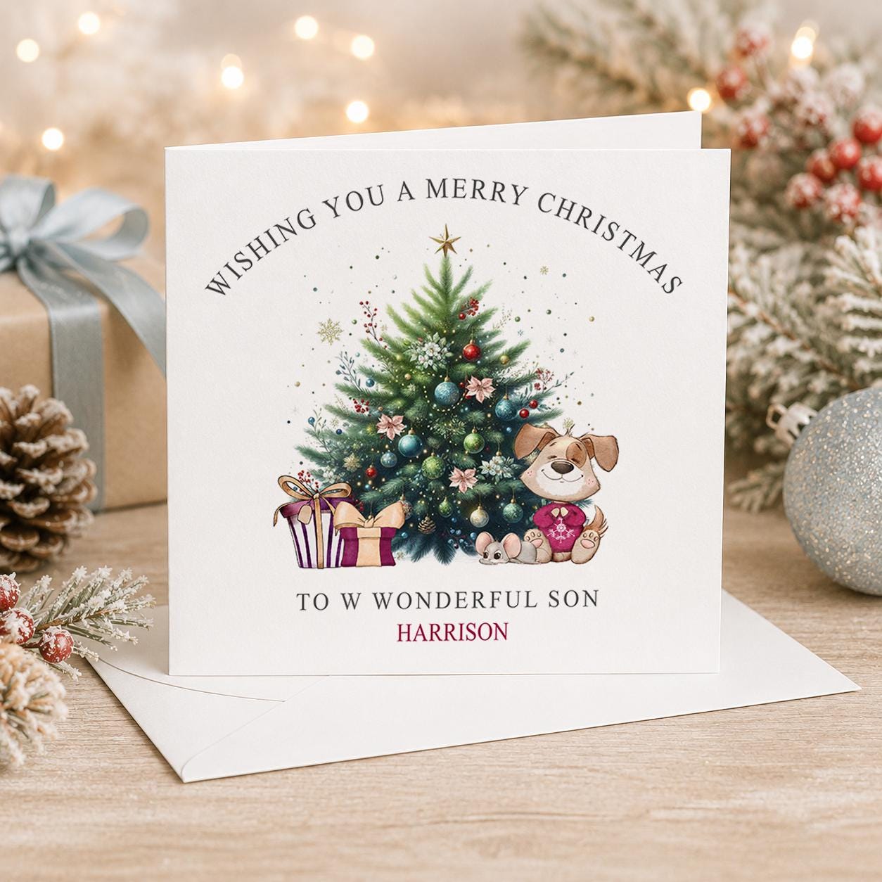 Personalised puppy Christmas card, white 6x6 inch square card printed with a puppy and presents beside a decorated Christmas tree with a name