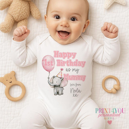 Close-up of the personalised cute elephant design showing the party hat and pink balloon.