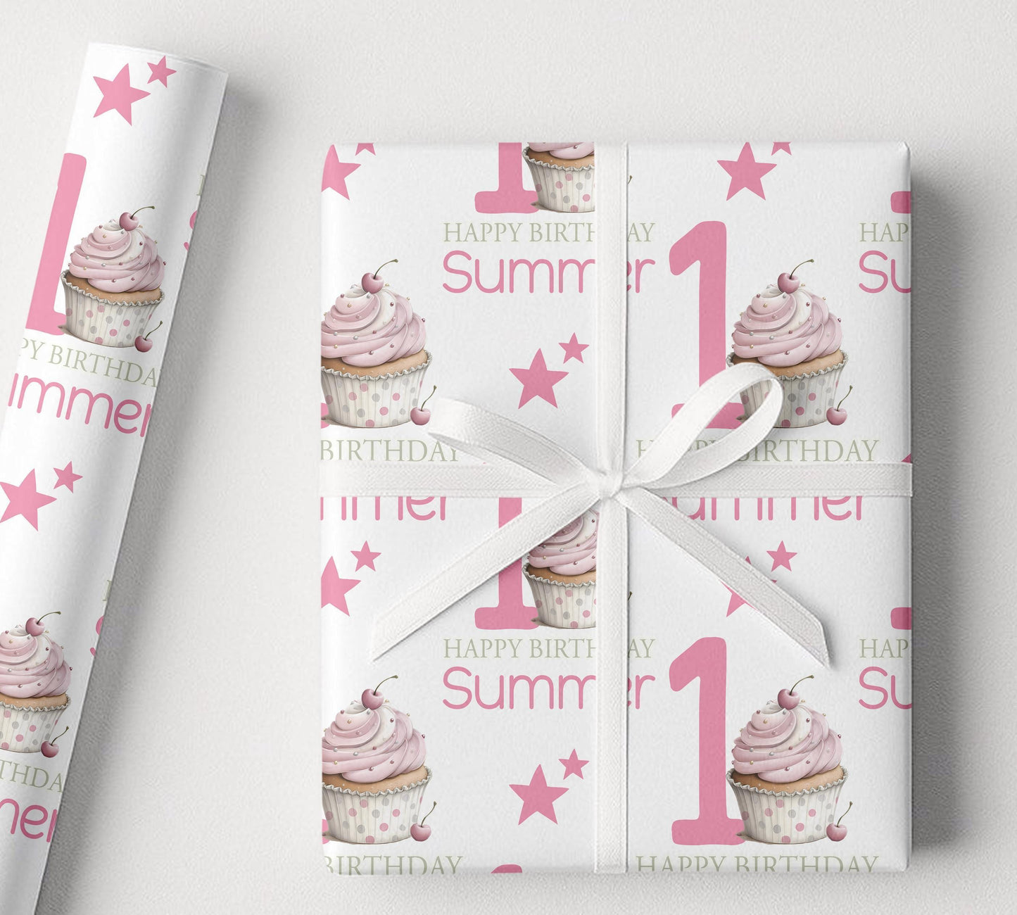Delivery information for the personalised pink cupcake birthday wrapping paper