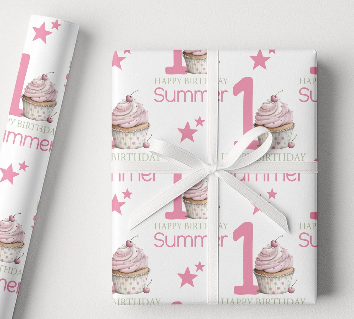 Delivery information for the personalised pink cupcake birthday wrapping paper