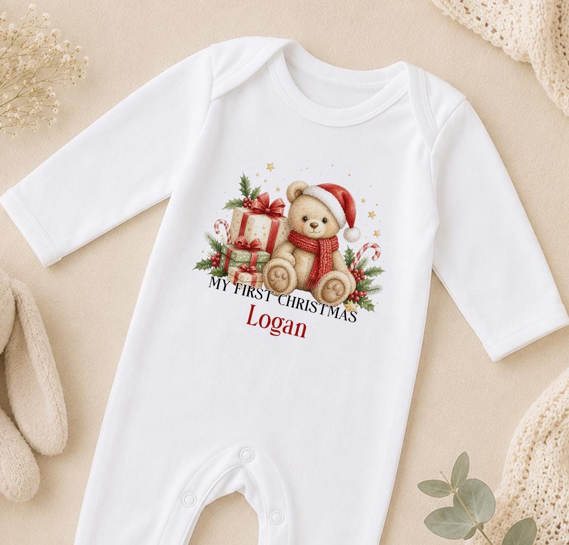 Personalised Baby Christmas Outfit 2026 Teddy Sleepsuit, Bib Gift