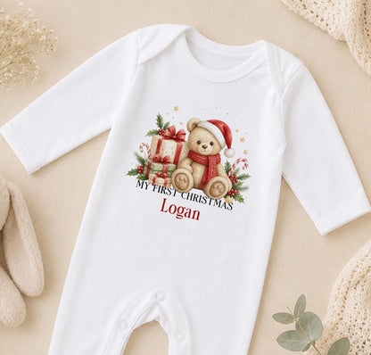 Personalised Baby Christmas Outfit 2026 Teddy Sleepsuit, Bib Gift