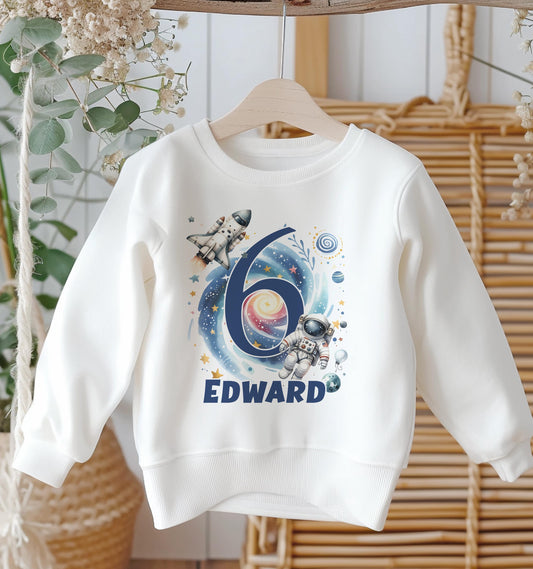 Personalised Birthday Age Sweatshirt Jumper For Children. Any Age, White Cotton Sweatshirt – Space Astronaut and name - 6-12 months