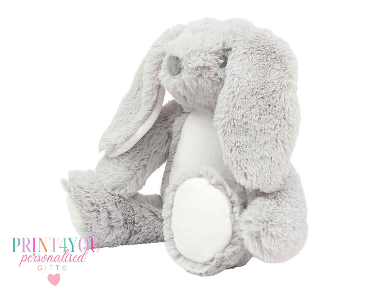 Personalised first birthday plush toy rabbit in brown, approximately 25cm tall, with custom printed tummy design