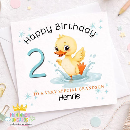 Square personalised birthday card featuring a cute duck design with space for a custom name and age