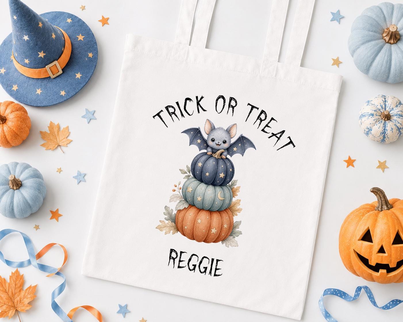 Personalised Halloween Trick or Treat Bag - Ghost & Bat Tote