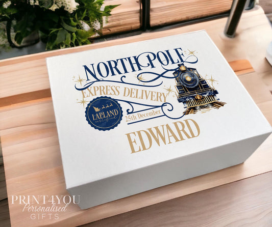 Personalised North Pole Express Delivery Christmas Keepsake Box, Blue Train Design, - Medium 16x20x8 cm Centimeters