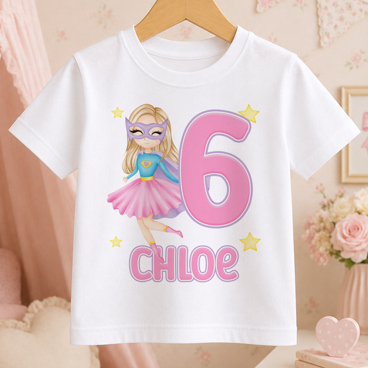 A white t-shirt with a cartoon image of a young girl wearing a superhero costume and the number 6, along with the name " Chloe" printed on it.