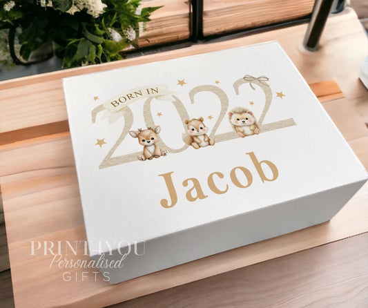 Personalised baby keepsake box with a woodland fox, owl and hedgehog design and magnetic closure lid