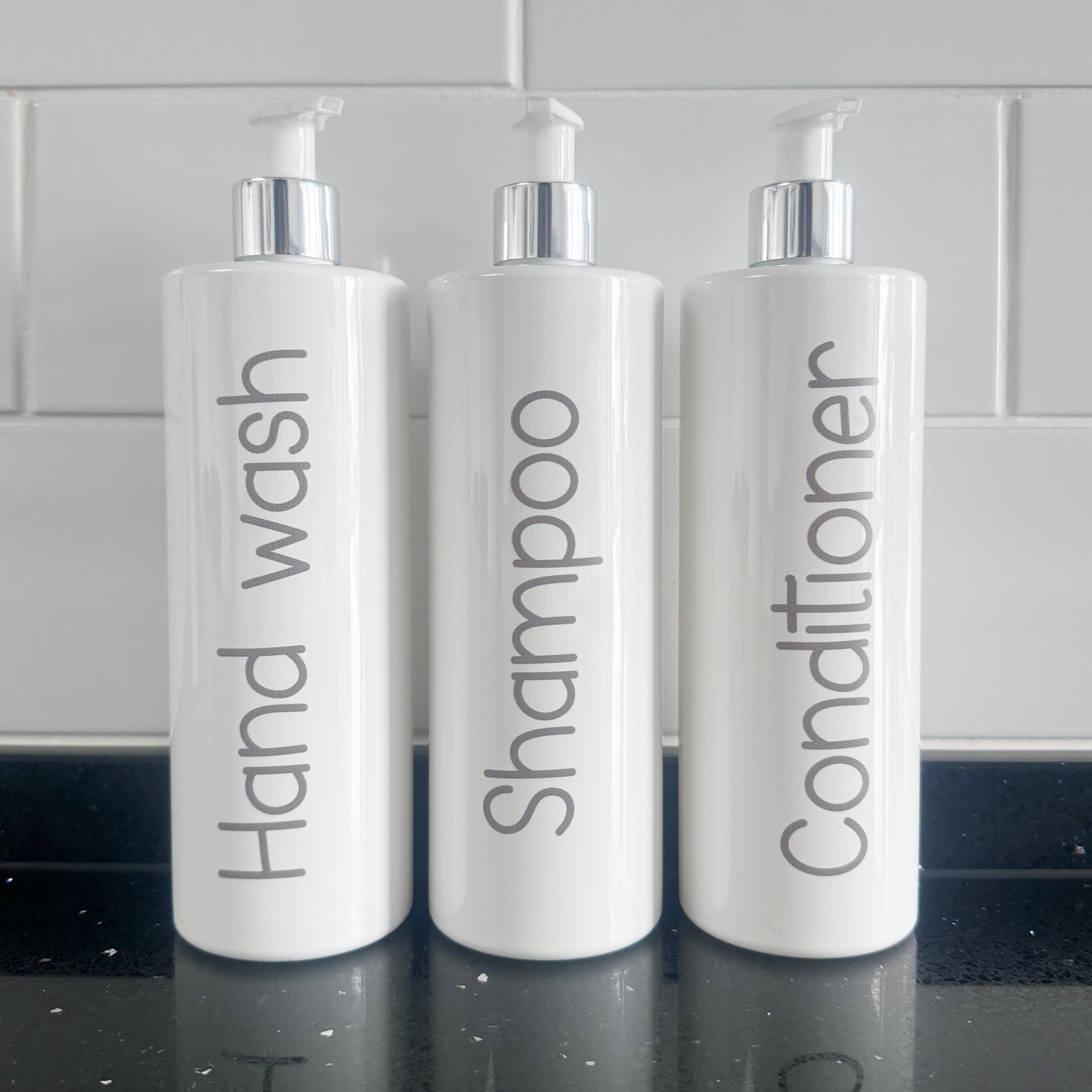 500ml UV Printed White Bathroom Bottles (Shampoo, Conditioner, Body Wash) – With Elegant Grey Font - 1 Bottle