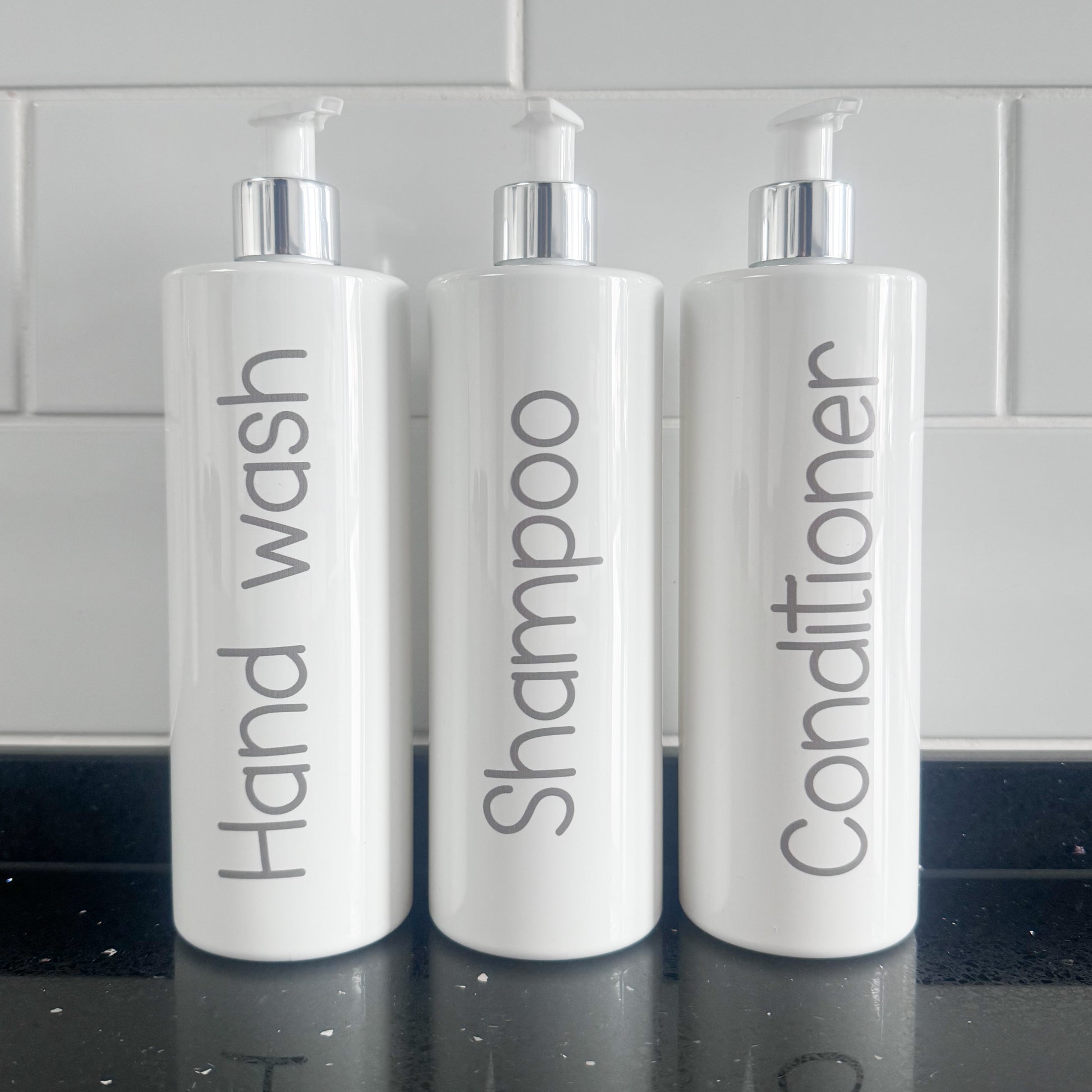 500ml UV Printed White Bathroom Bottles (Shampoo, Conditioner, Body Wash) – With Elegant Grey Font - 1 Bottle
