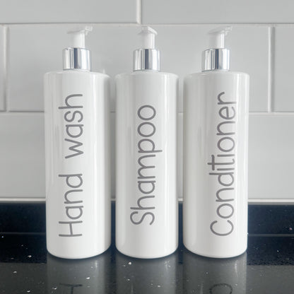 500ml UV Printed White Bathroom Bottles (Shampoo, Conditioner, Body Wash) – With Elegant Grey Font - 1 Bottle